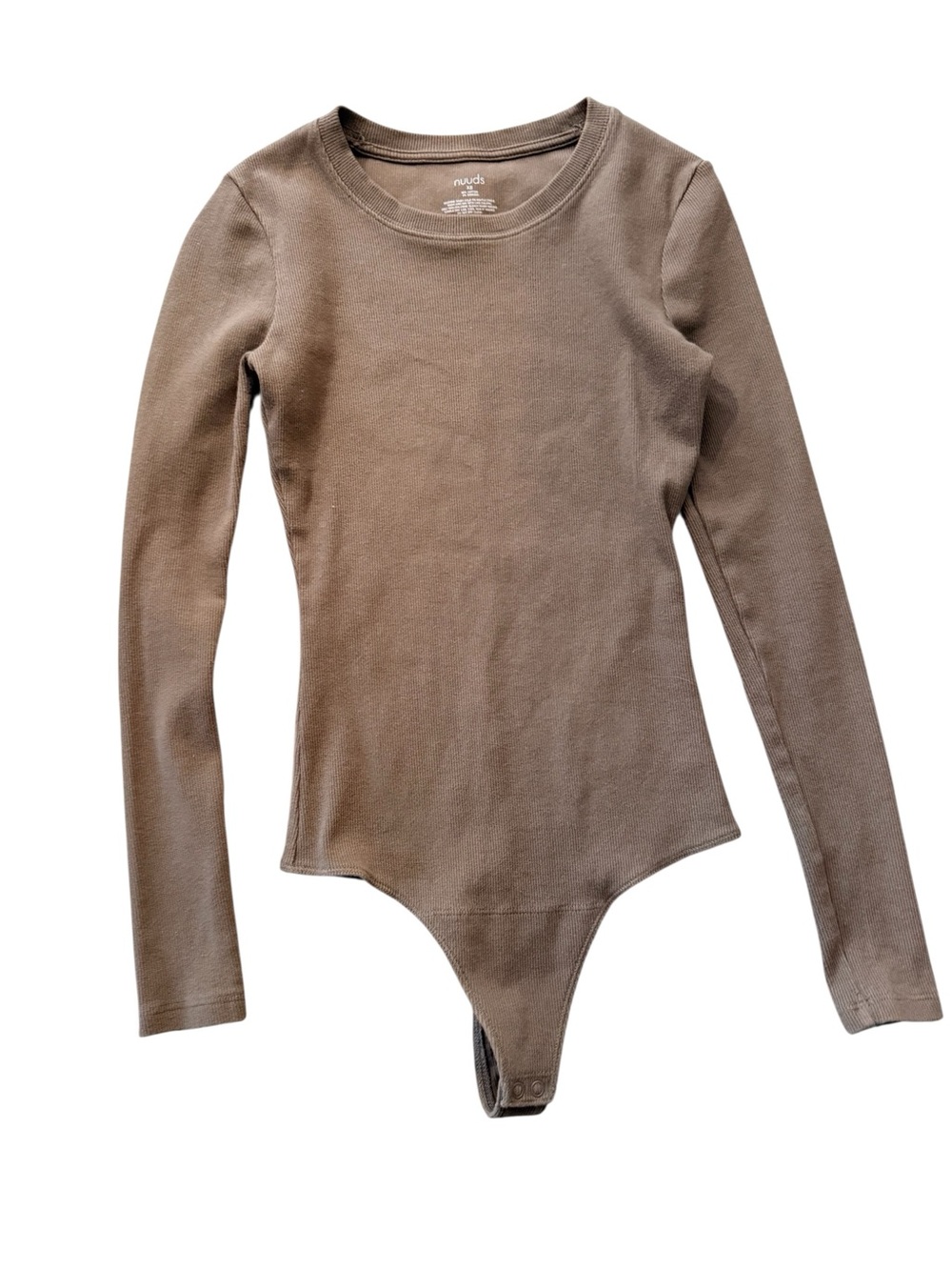 nuuds Long Sleeve Scoop Neck Bodysuit in Taupe ribbed